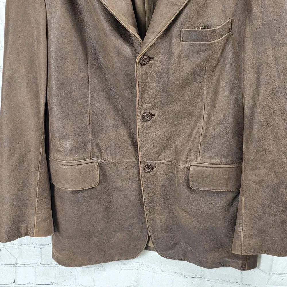 Leather Jacket Mens Apt.‎ 9 44L Vintage Y2K Long Brown Buttons Collared Preppy
